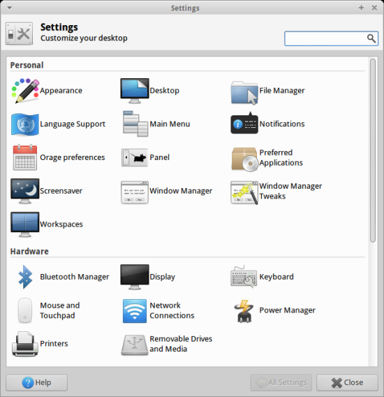 Xfce settings menu