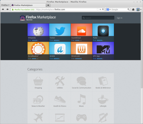 Firefox Marketplace, on Linux Mint, main